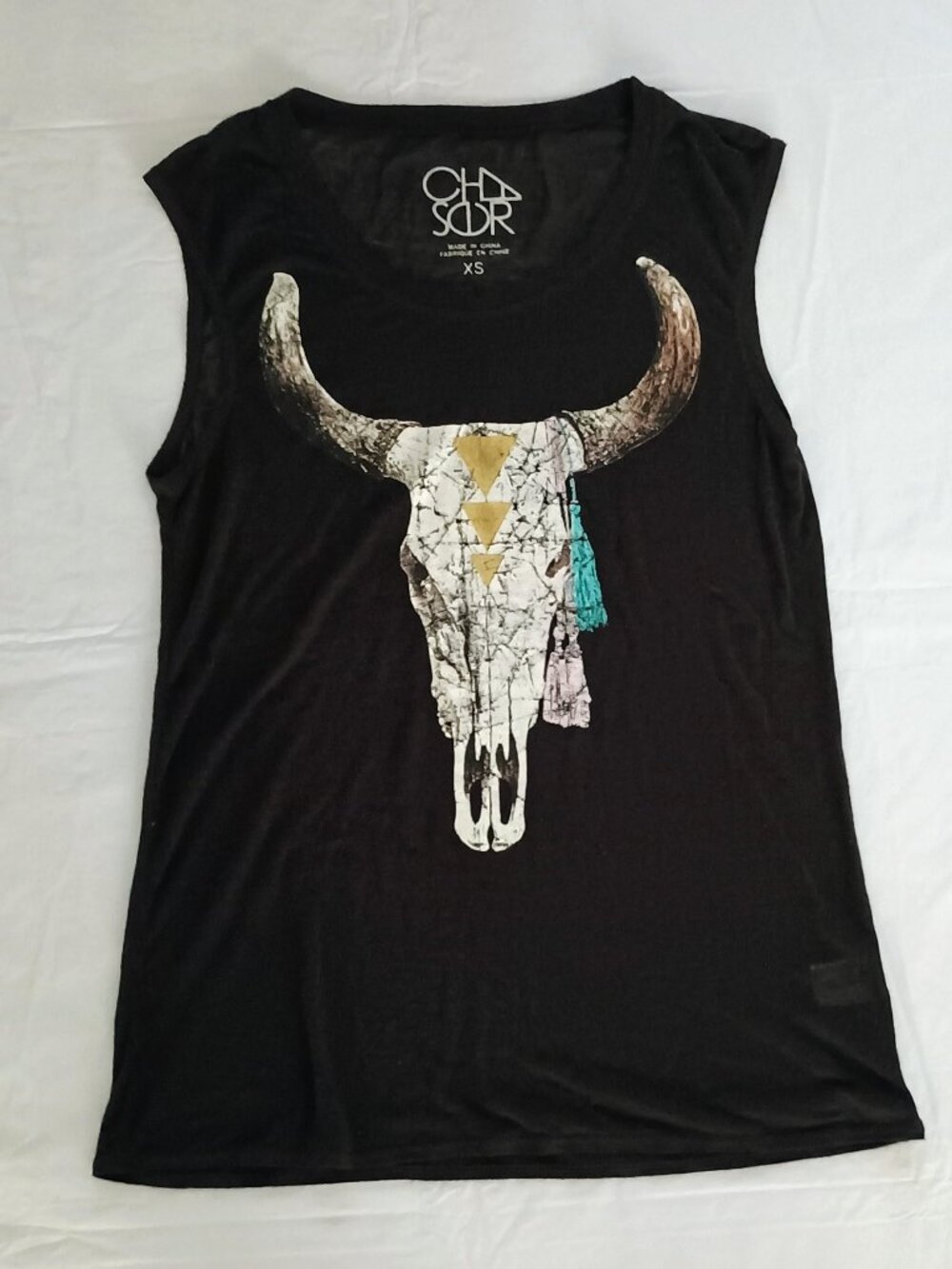 Chaser Women's Lightweight Brown Muscle Tee with Bull Skull Graphic Print